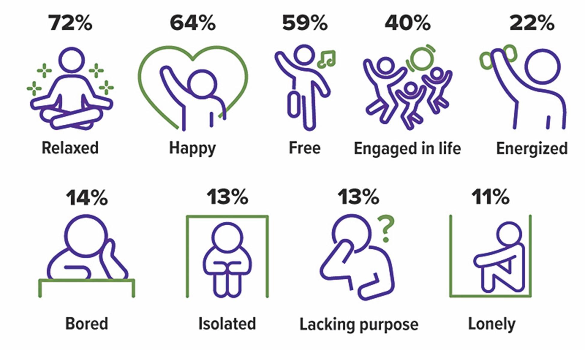 Survey results of retirees asked to choose from a list of works to describe their feelings about retirement