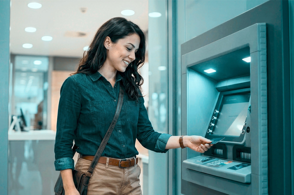 A woman interacts with an automated teller machine inside a contemporary banking facility. The interior features sleek surfaces and ambient illumination creating a calm atmosphere.